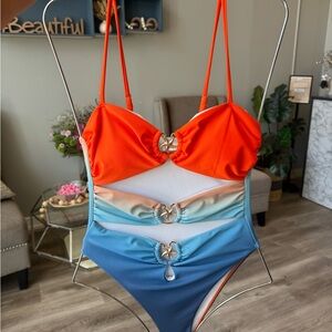 SHEIN Orange and Blue One Piece Swimsuit